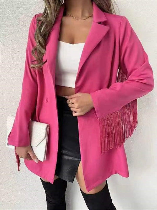 Chic Lapel Button Fringe Long Sleeve Blazer