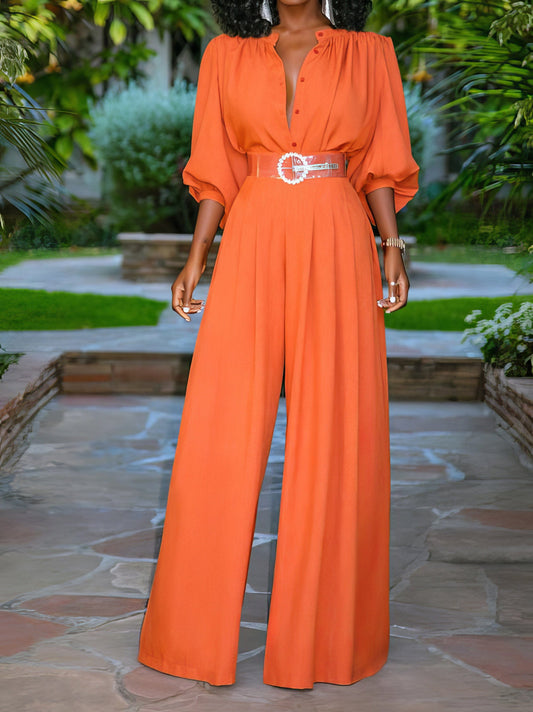 Chic Single-Breasted Balloon Sleeve Shirt & Wide Leg Pants Duo