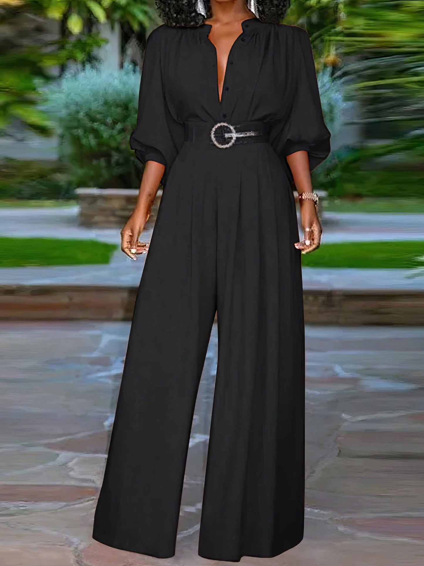 Chic Single-Breasted Balloon Sleeve Shirt & Wide Leg Pants Duo