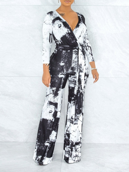 Colorful Tie-Dye V-Neck Jumpsuit with Wide Leg