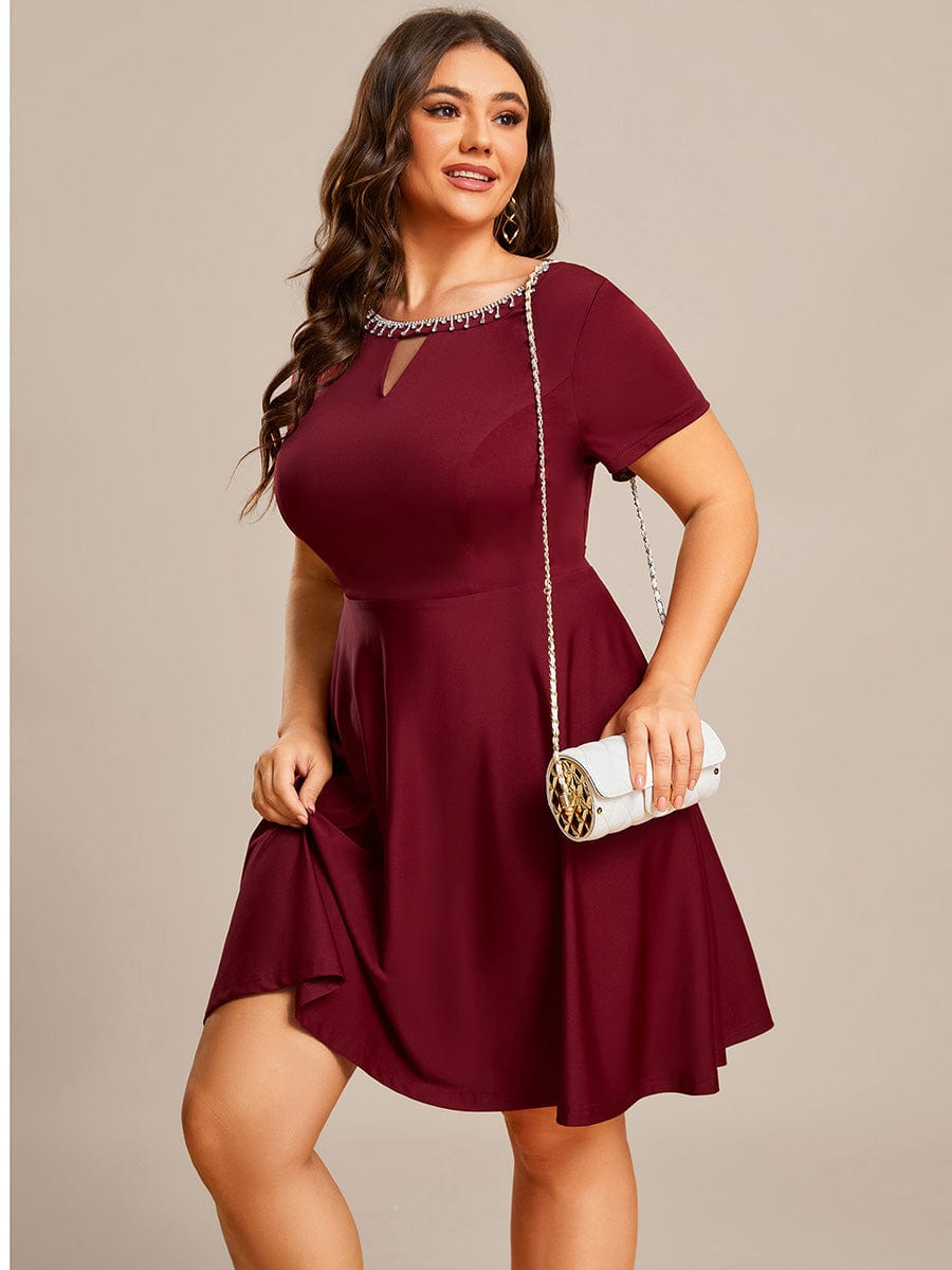 Rhinestone Neckline Short Sleeves A-Line Mini Summer  Casual Dresses