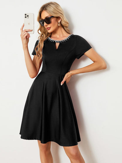 Rhinestone Neckline Short Sleeves A-Line Mini Summer  Casual Dresses