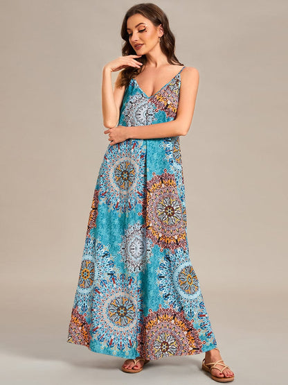 Loose Spaghetti Strap A-Line Summer Beach Vacation Maxi Dress