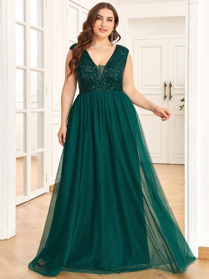 Plus Size Glamorous Sleeveless A Line Wholesale Evening Dresses with Deep V Neck