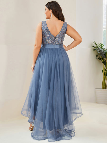 Plus Size Sparkling Wholesale Evening Dresses with Asymmetrical Hem Deep V Neck