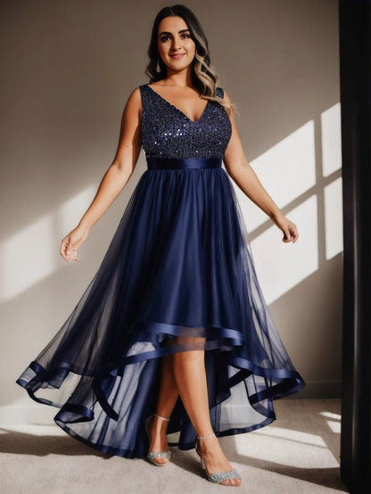 Plus Size Sparkling Wholesale Evening Dresses with Asymmetrical Hem Deep V Neck