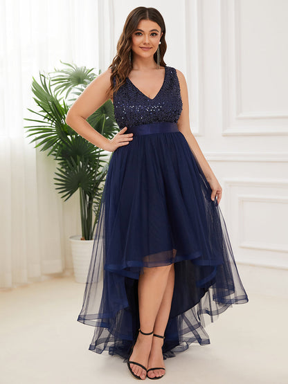 Plus Size Sparkling Wholesale Evening Dresses with Asymmetrical Hem Deep V Neck