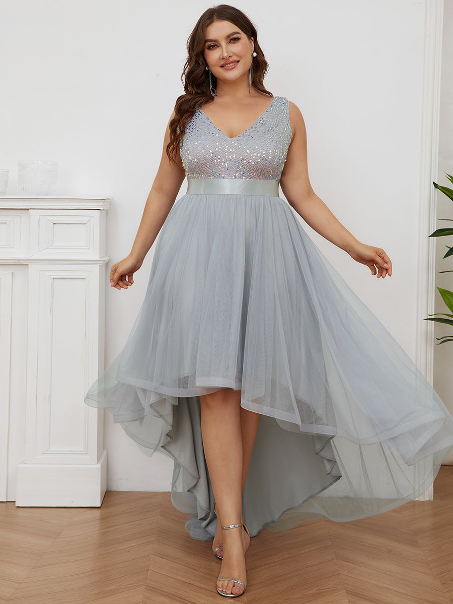 Plus Size Sparkling Wholesale Evening Dresses with Asymmetrical Hem Deep V Neck