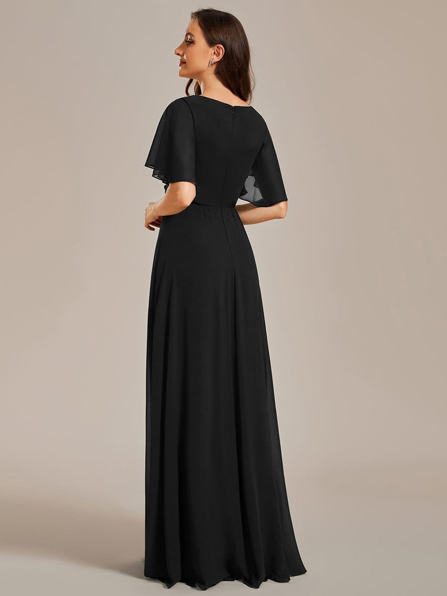 Ruffles Sleeve A-Line Chiffon Waist Applique Maxi Evening Dress