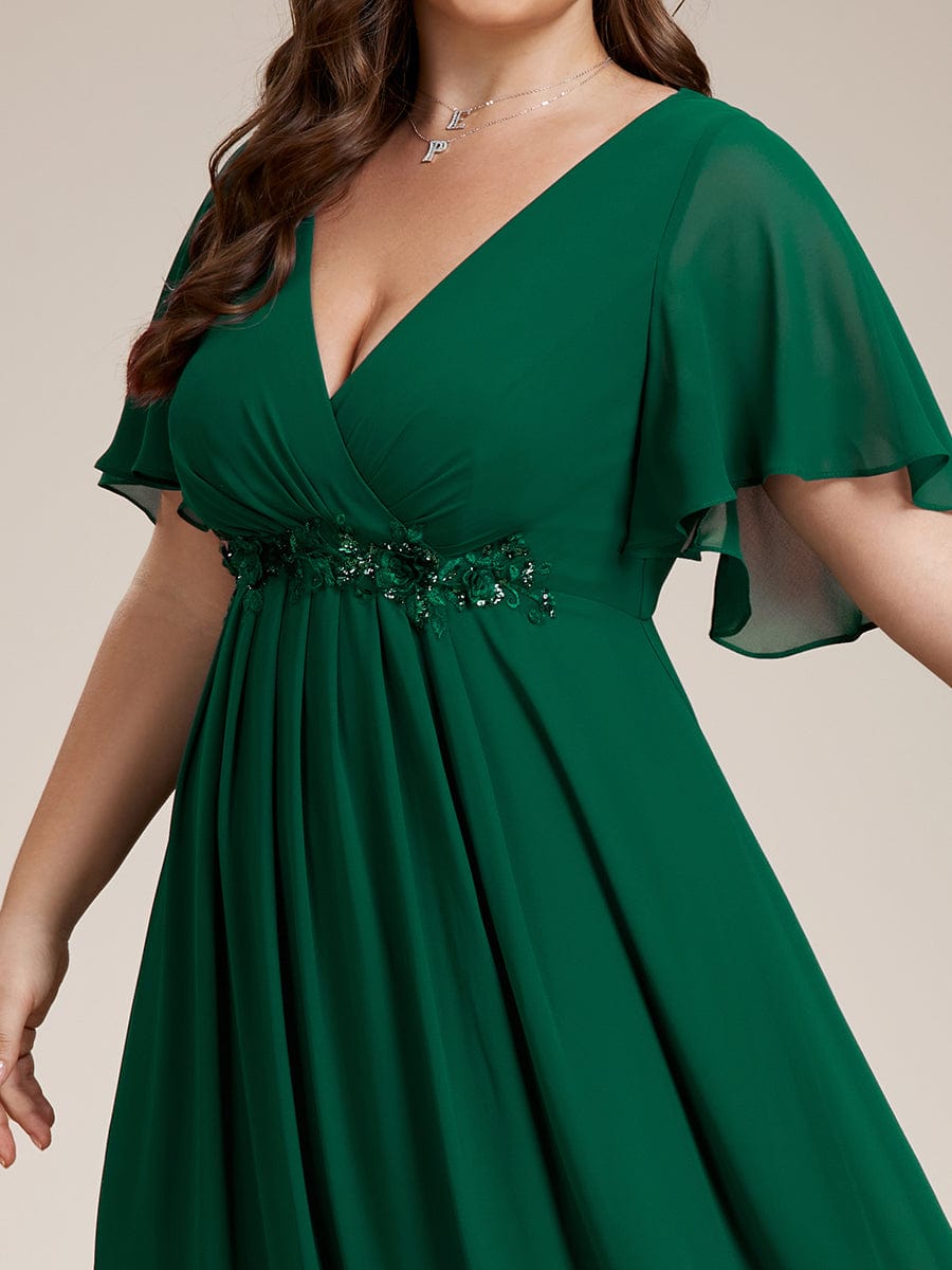 Ruffles Sleeve A-Line Chiffon Waist Applique Maxi Evening Dress