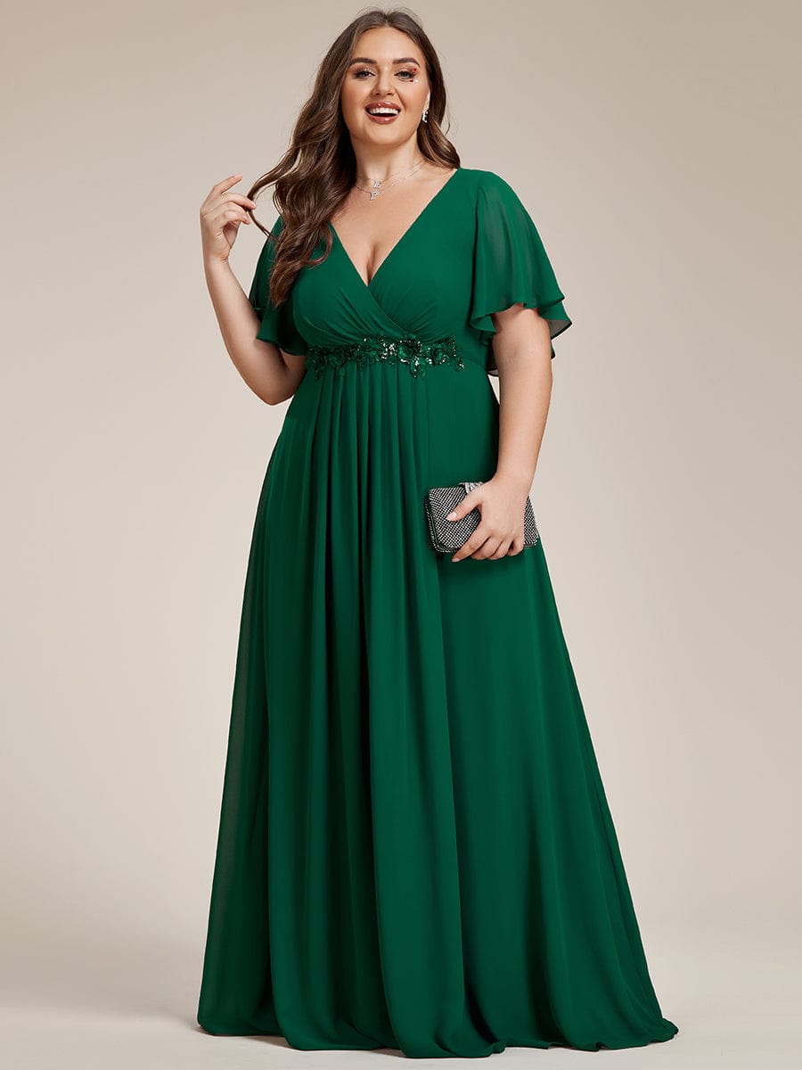 Ruffles Sleeve A-Line Chiffon Waist Applique Maxi Evening Dress