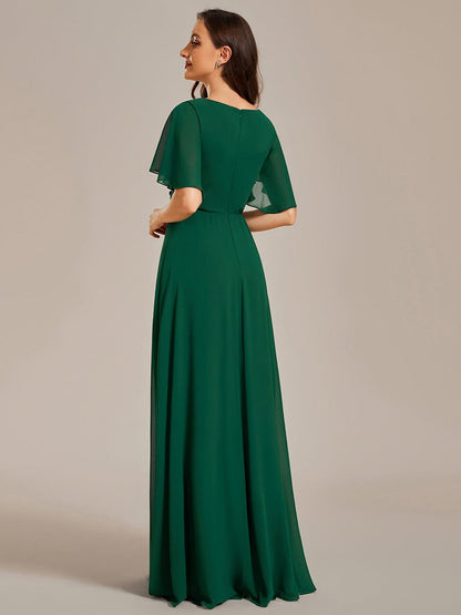 Ruffles Sleeve A-Line Chiffon Waist Applique Maxi Evening Dress