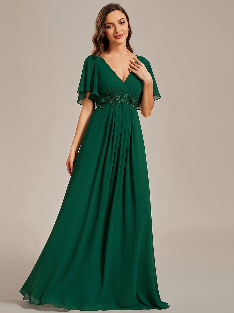 Ruffles Sleeve A-Line Chiffon Waist Applique Maxi Evening Dress