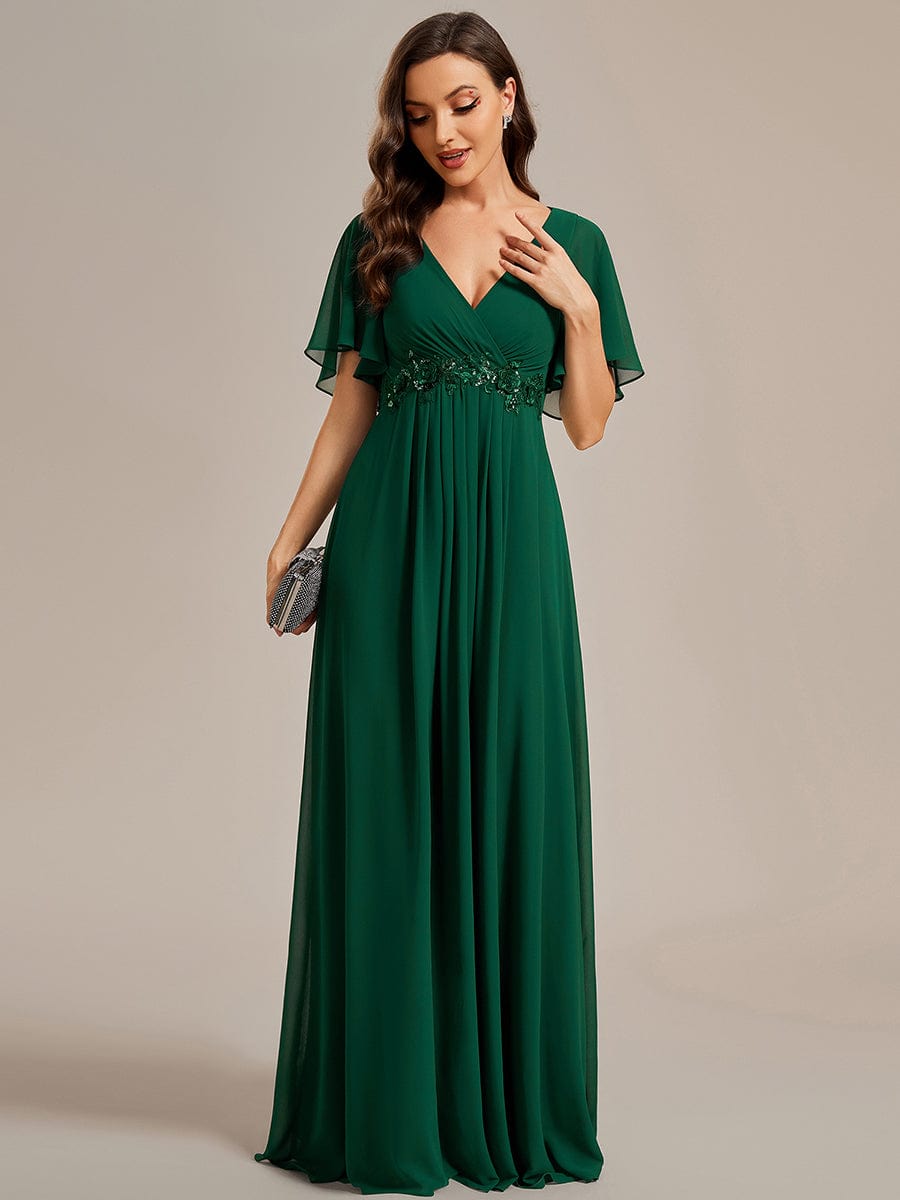 Ruffles Sleeve A-Line Chiffon Waist Applique Maxi Evening Dress