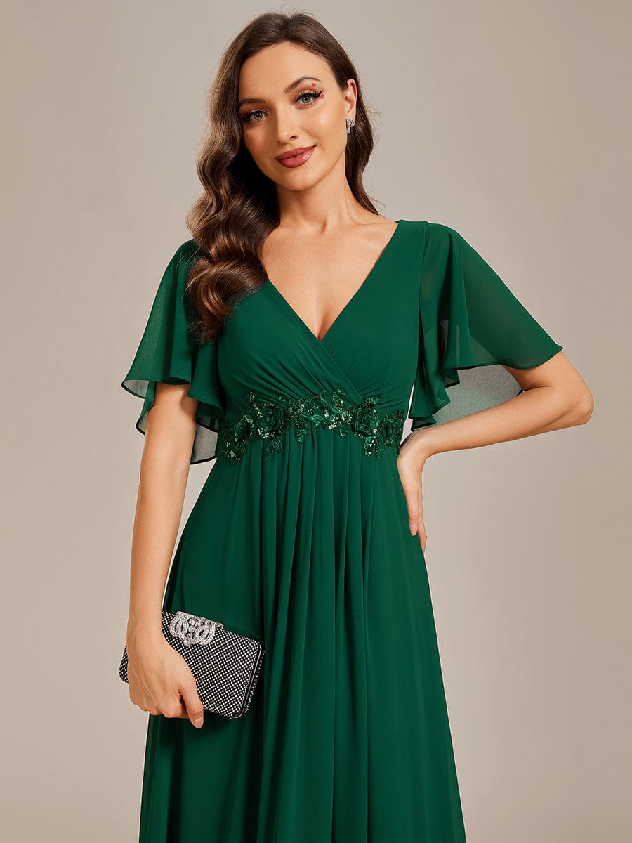 Ruffles Sleeve A-Line Chiffon Waist Applique Maxi Evening Dress