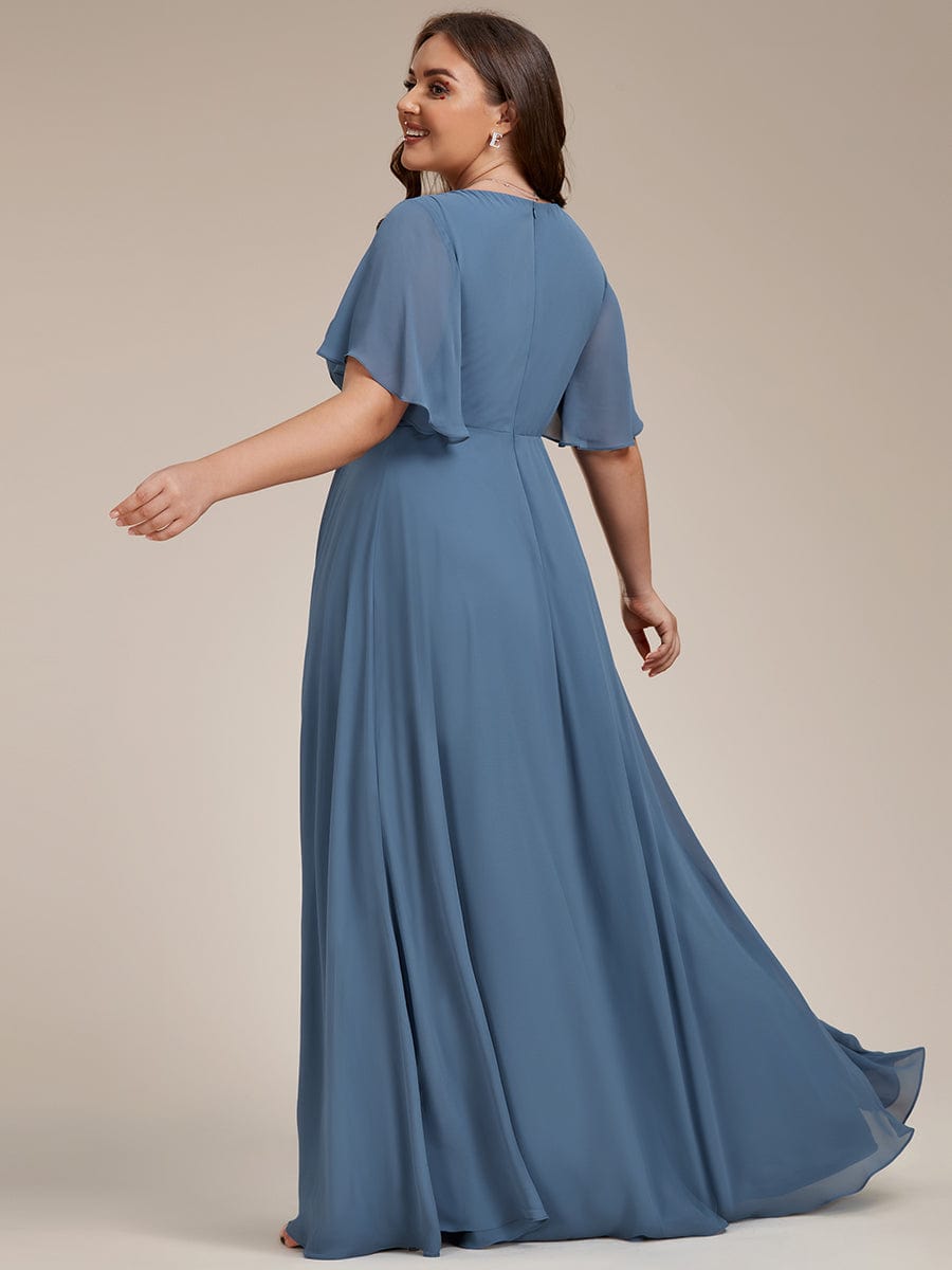 Ruffles Sleeve A-Line Chiffon Waist Applique Maxi Evening Dress