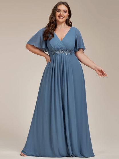 Ruffles Sleeve A-Line Chiffon Waist Applique Maxi Evening Dress