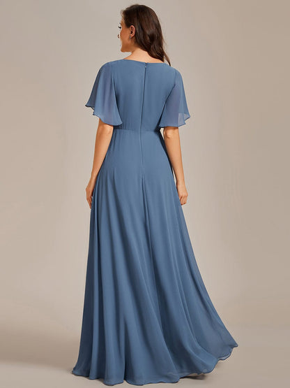 Ruffles Sleeve A-Line Chiffon Waist Applique Maxi Evening Dress