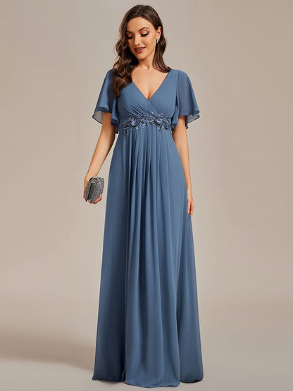 Ruffles Sleeve A-Line Chiffon Waist Applique Maxi Evening Dress