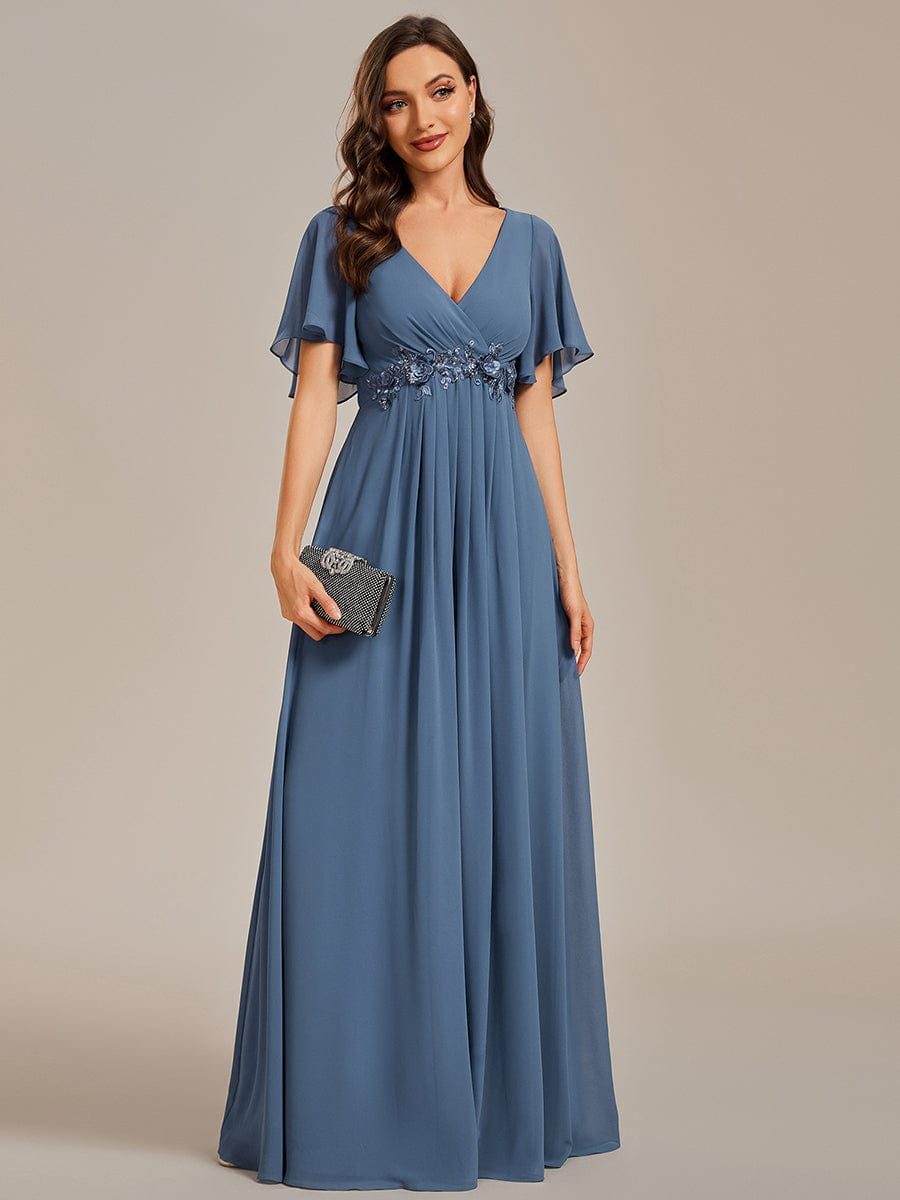 Ruffles Sleeve A-Line Chiffon Waist Applique Maxi Evening Dress