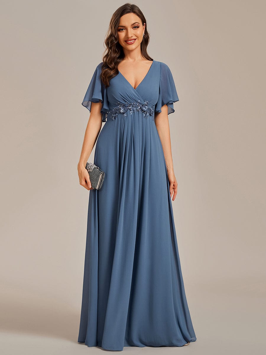 Ruffles Sleeve A-Line Chiffon Waist Applique Maxi Evening Dress