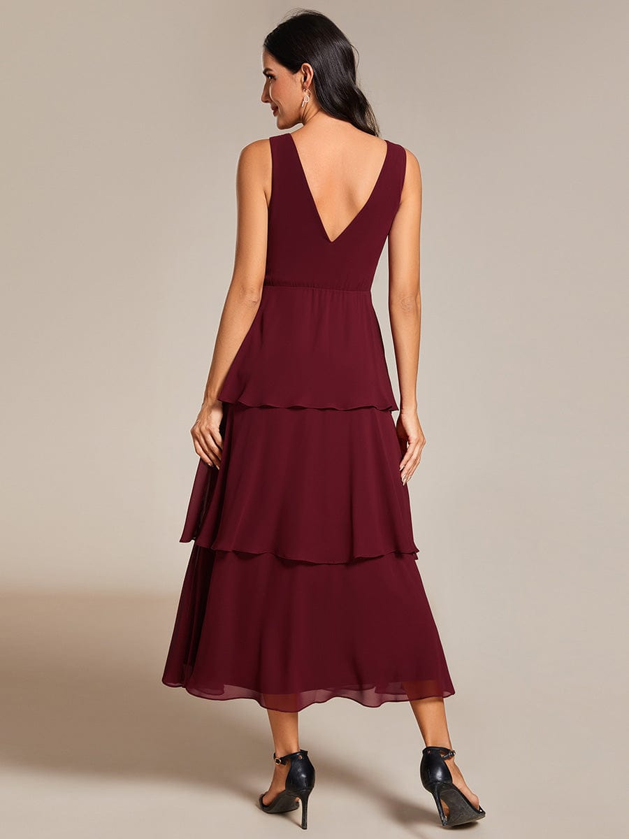 Elegant Layered Wedding Guest Dress in Chiffon A-Line Silhouette with V-Neck and Sleeveless Design