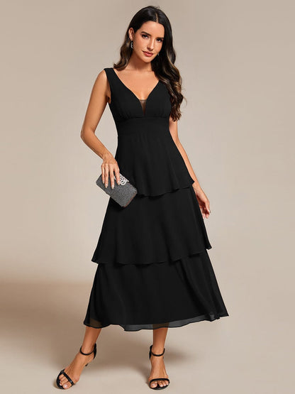 Elegant Layered Wedding Guest Dress in Chiffon A-Line Silhouette with V-Neck and Sleeveless Design