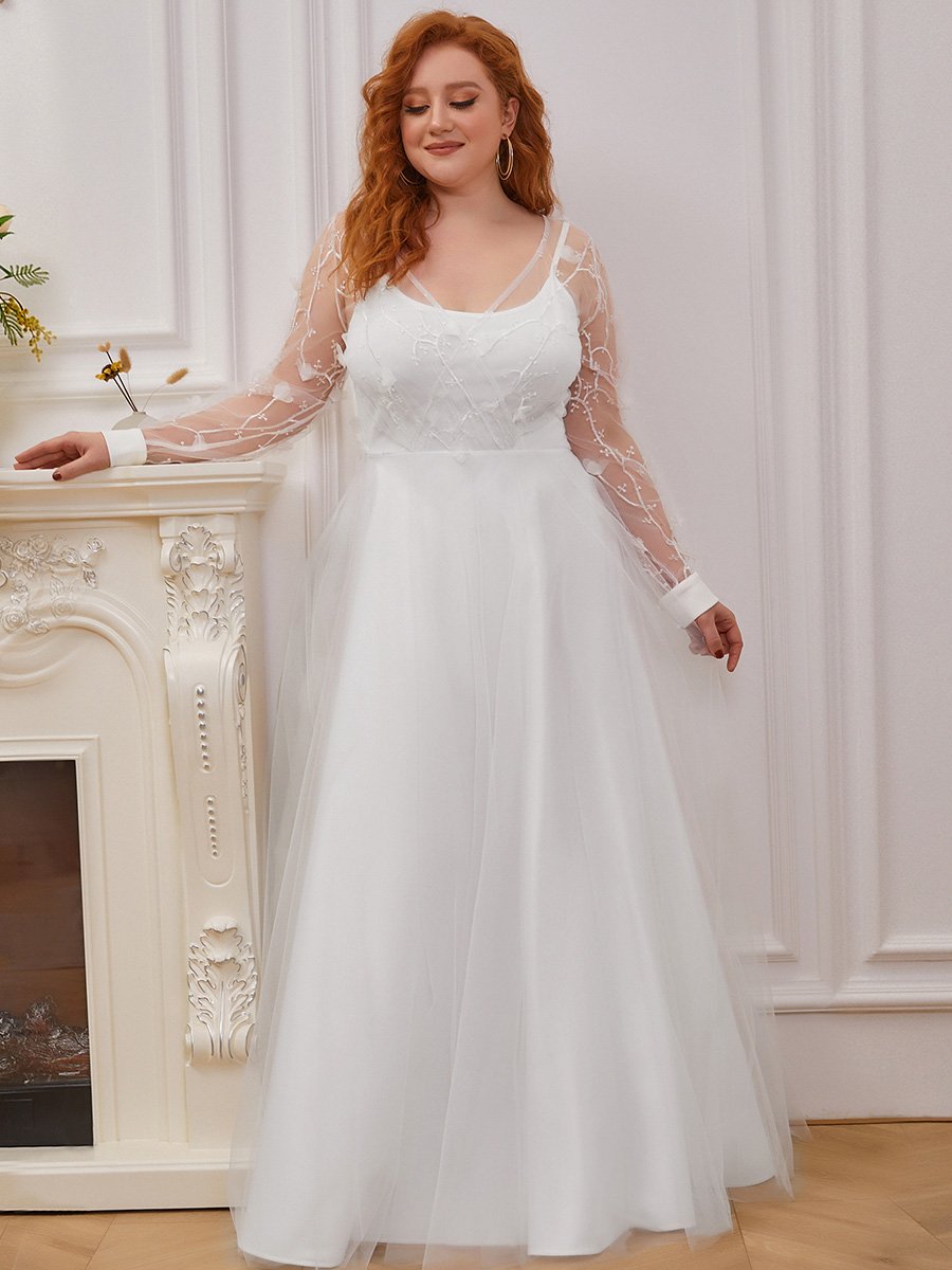 Plus Size Wholesale Simple Tulle Wedding Dress with Long Sleeves
