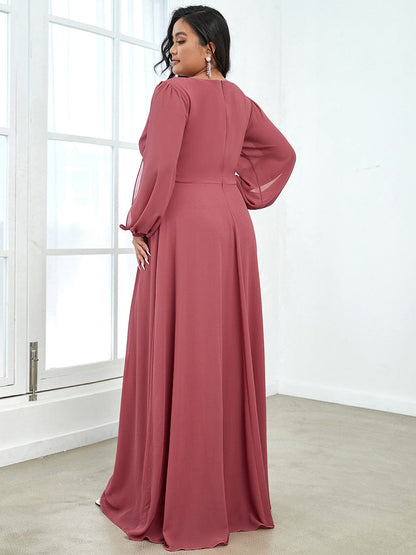 Waist Sequin Applique Chiffon Hollow Long Sleeve Evening Dress