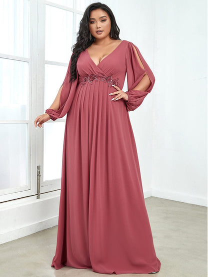 Waist Sequin Applique Chiffon Hollow Long Sleeve Evening Dress