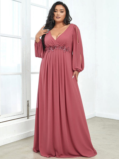 Waist Sequin Applique Chiffon Hollow Long Sleeve Evening Dress