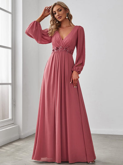 Waist Sequin Applique Chiffon Hollow Long Sleeve Evening Dress