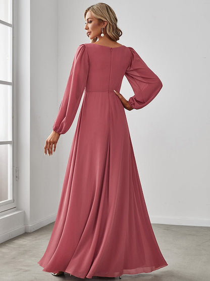 Waist Sequin Applique Chiffon Hollow Long Sleeve Evening Dress