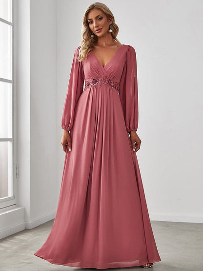 Waist Sequin Applique Chiffon Hollow Long Sleeve Evening Dress