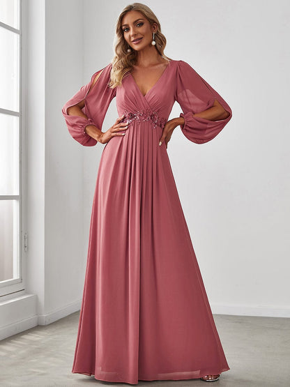 Waist Sequin Applique Chiffon Hollow Long Sleeve Evening Dress