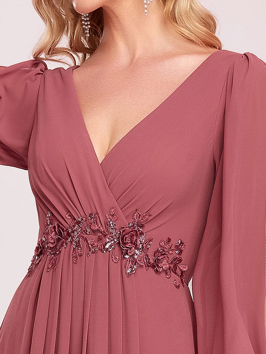 Waist Sequin Applique Chiffon Hollow Long Sleeve Evening Dress