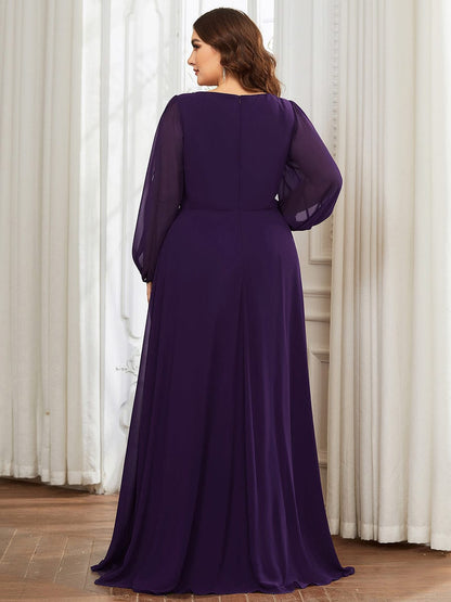 Waist Sequin Applique Chiffon Hollow Long Sleeve Evening Dress