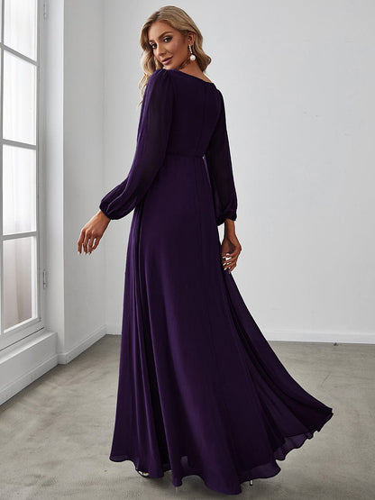 Waist Sequin Applique Chiffon Hollow Long Sleeve Evening Dress