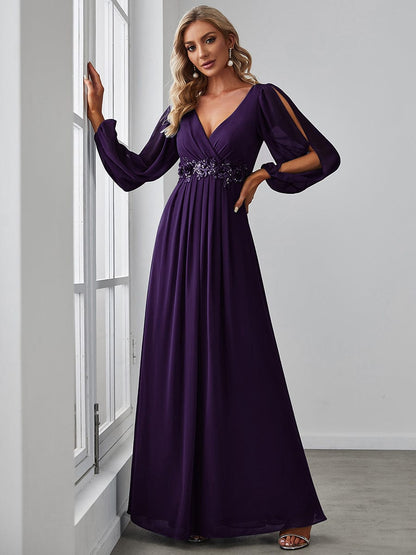 Waist Sequin Applique Chiffon Hollow Long Sleeve Evening Dress