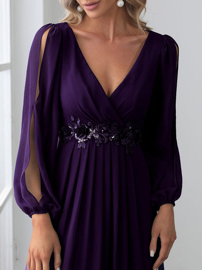 Waist Sequin Applique Chiffon Hollow Long Sleeve Evening Dress