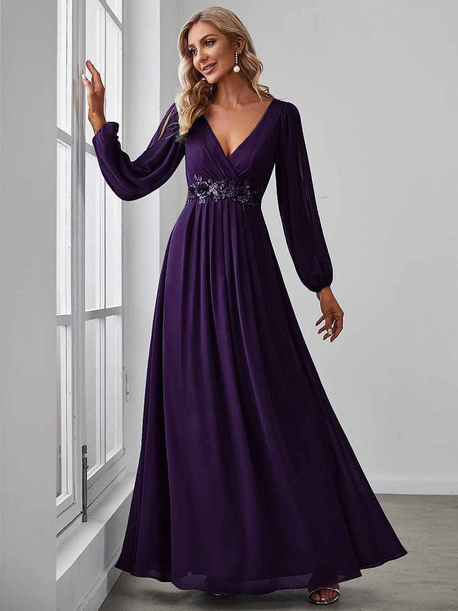 Waist Sequin Applique Chiffon Hollow Long Sleeve Evening Dress