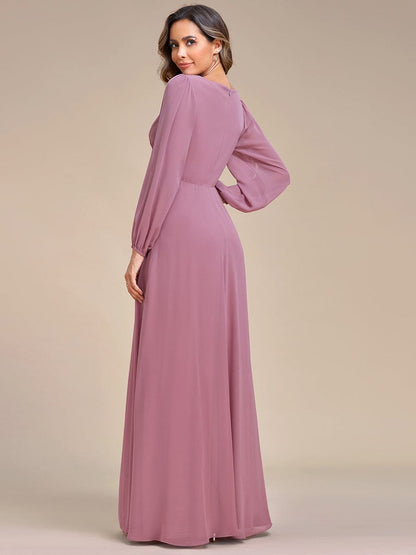 Waist Sequin Applique Chiffon Hollow Long Sleeve Evening Dress