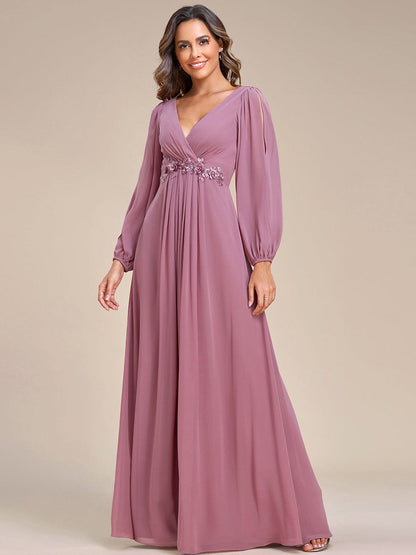 Waist Sequin Applique Chiffon Hollow Long Sleeve Evening Dress