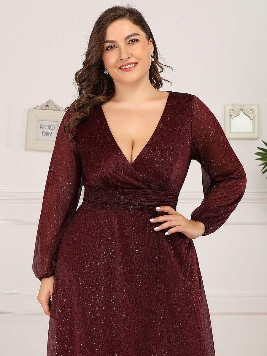 Shiny Puff Sleeve V-Neck Evening Gown for Curvy Women