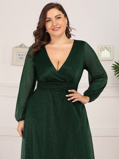 Women's Sexy V-Neck Shiny Wholesale Plus Size Evening Dresses