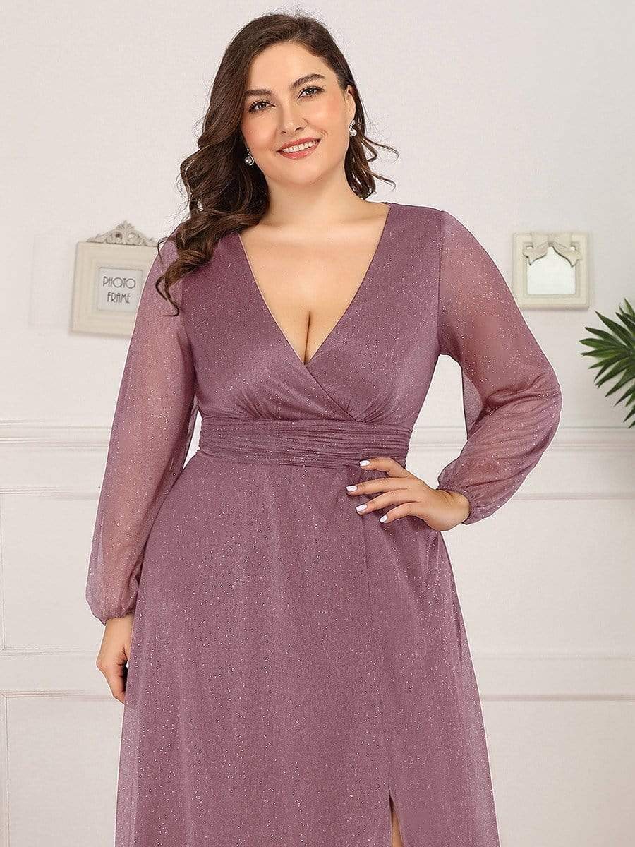 Shiny Puff Sleeve V-Neck Evening Gown for Curvy Women