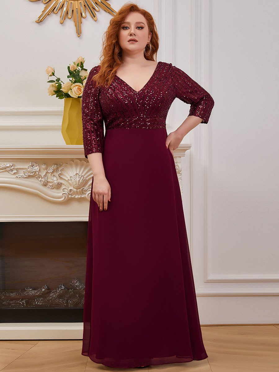 Sexy V Neck A-Line Plus Size Sequin Wholesale Evening Dress with Sleeve