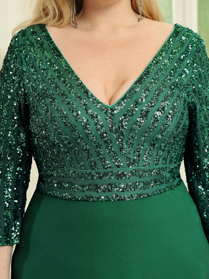 Sexy V Neck A-Line Plus Size Sequin Wholesale Evening Dress with Sleeve