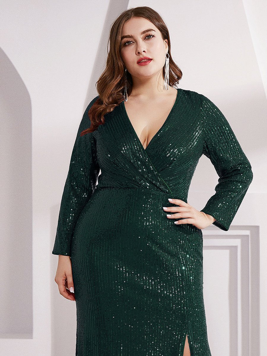 Shiny V Neck Plus Size Sequin Wholesale Evening Party Dress