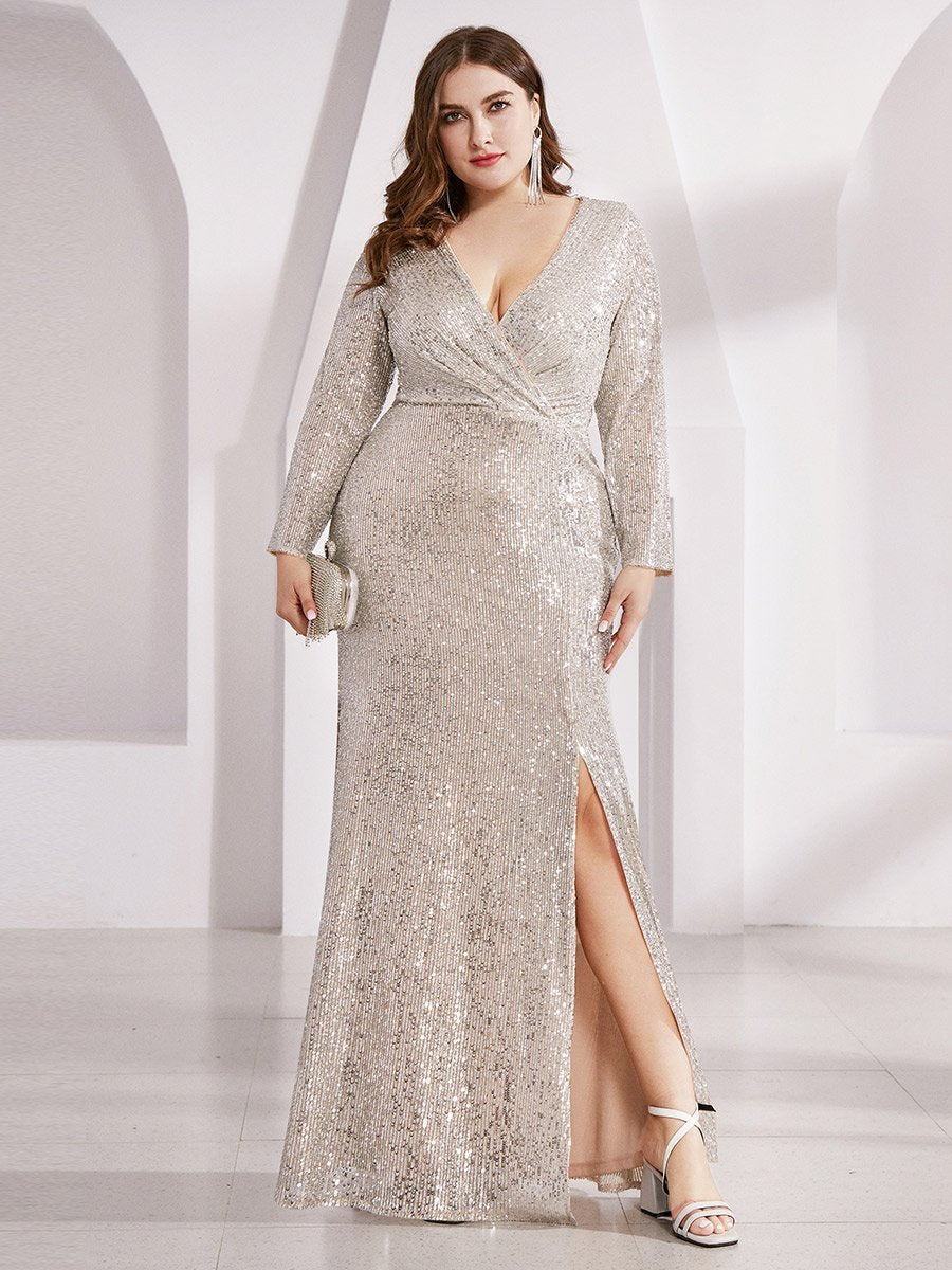 Shiny V Neck Plus Size Sequin Wholesale Evening Party Dress